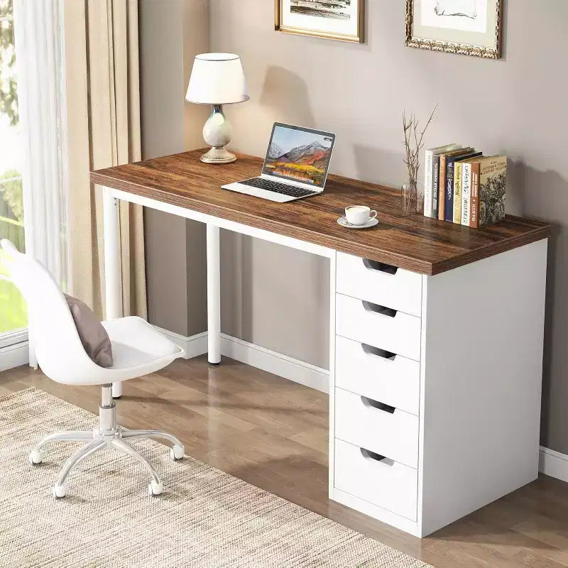Bureau informatique 47 po marron rustique avec 5 tiroirs, rangement moderne et armoire réversible pour petits bureaux à domicile
