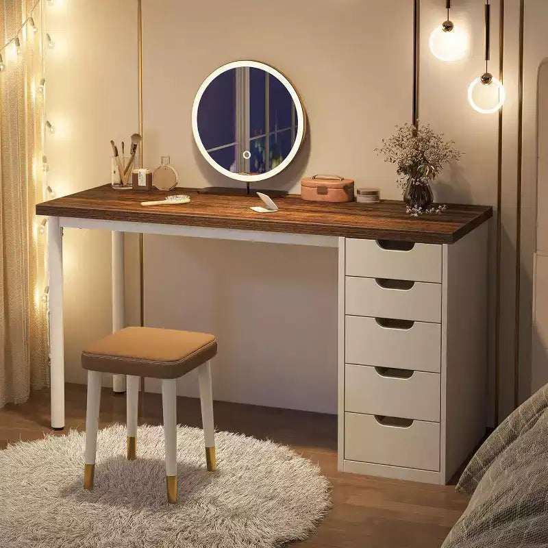 Bureau informatique 47 po marron rustique avec 5 tiroirs, rangement moderne et armoire réversible pour petits bureaux à domicile