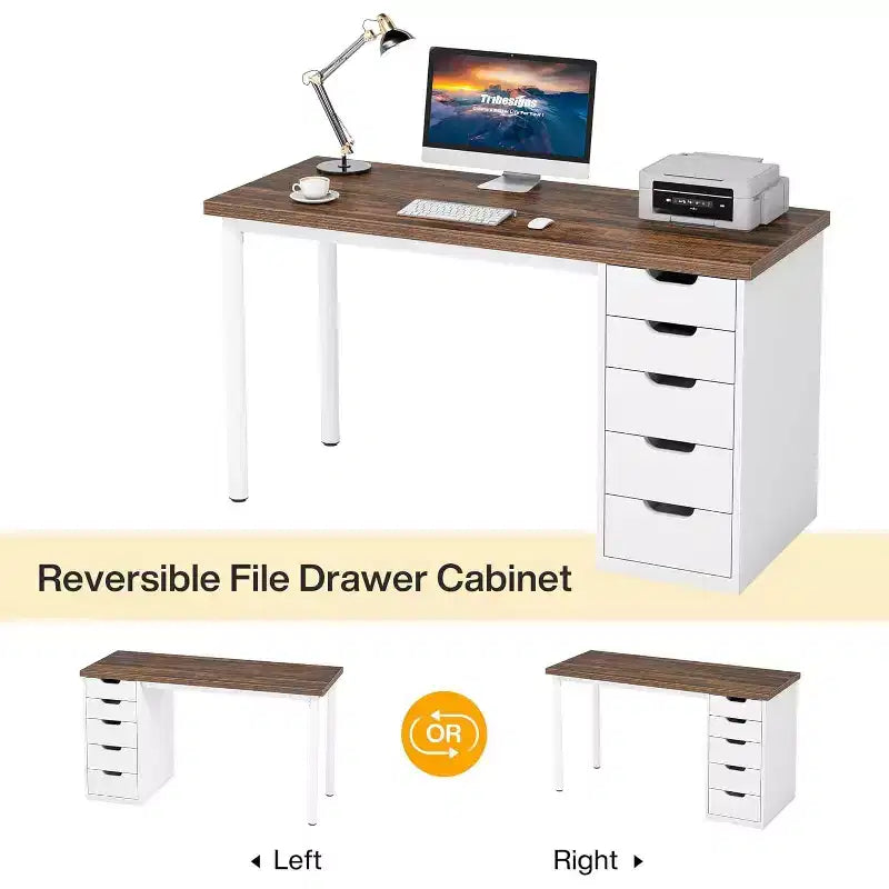 Bureau informatique 47 po marron rustique avec 5 tiroirs, rangement moderne et armoire réversible pour petits bureaux à domicile