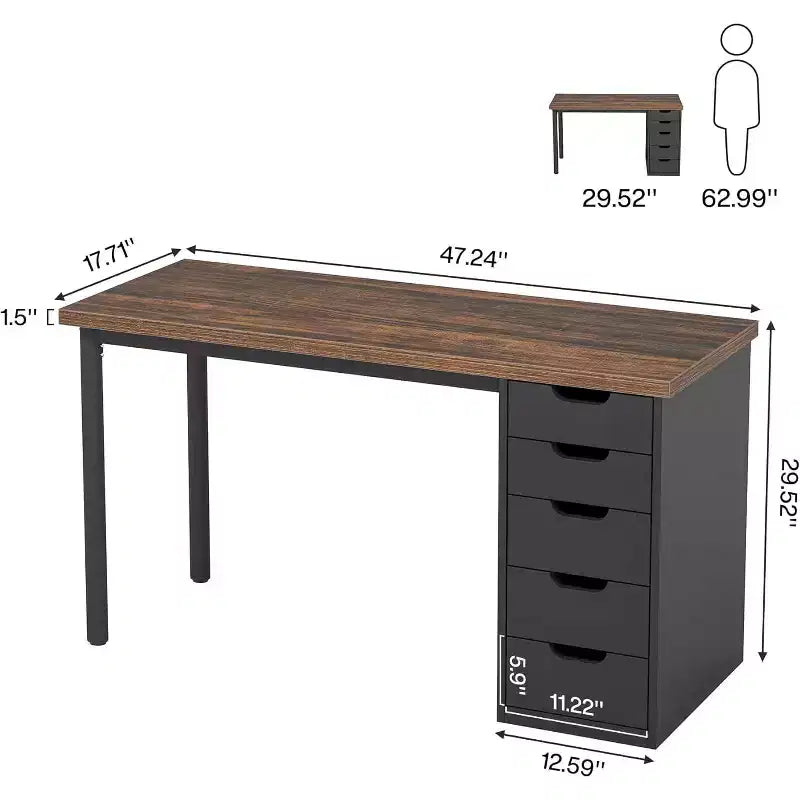 Bureau informatique 47 po marron rustique avec 5 tiroirs, rangement moderne et armoire réversible pour petits bureaux à domicile