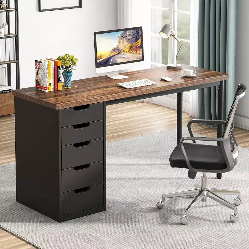 Bureau informatique 47 po marron rustique avec 5 tiroirs, rangement moderne et armoire réversible pour petits bureaux à domicile