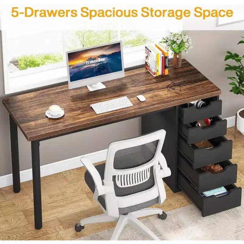Bureau informatique 47 po marron rustique avec 5 tiroirs, rangement moderne et armoire réversible pour petits bureaux à domicile