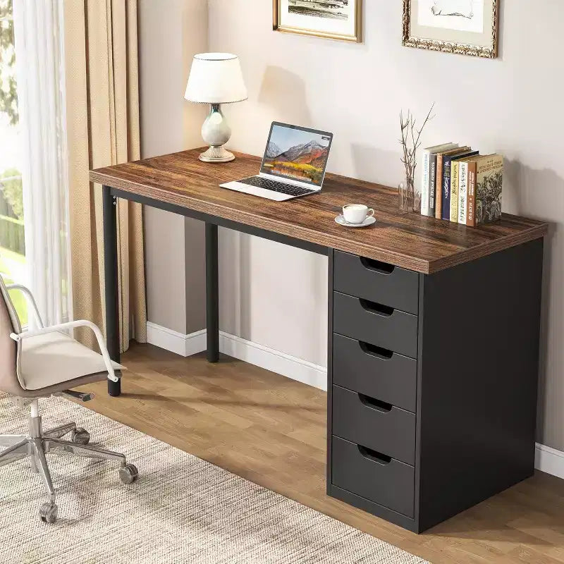 Bureau informatique 47 po marron rustique avec 5 tiroirs, rangement moderne et armoire réversible pour petits bureaux à domicile