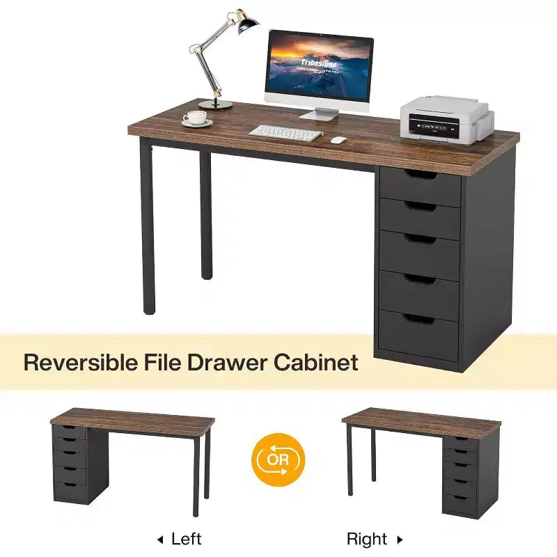 Bureau informatique 47 po marron rustique avec 5 tiroirs, rangement moderne et armoire réversible pour petits bureaux à domicile