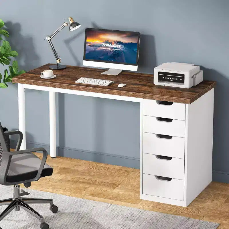 Bureau informatique 47 po marron rustique avec 5 tiroirs, rangement moderne et armoire réversible pour petits bureaux à domicile