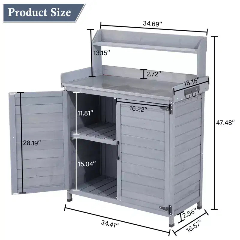 Établi de rempotage extérieur avec étagère pliable, armoire de rangement et plan de travail durable en métal galvanisé pour jardin, terrasse ou arrière-cour