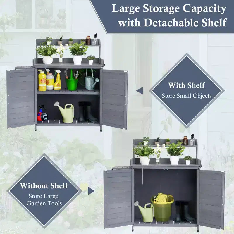 Établi de rempotage extérieur avec étagère pliable, armoire de rangement et plan de travail durable en métal galvanisé pour jardin, terrasse ou arrière-cour