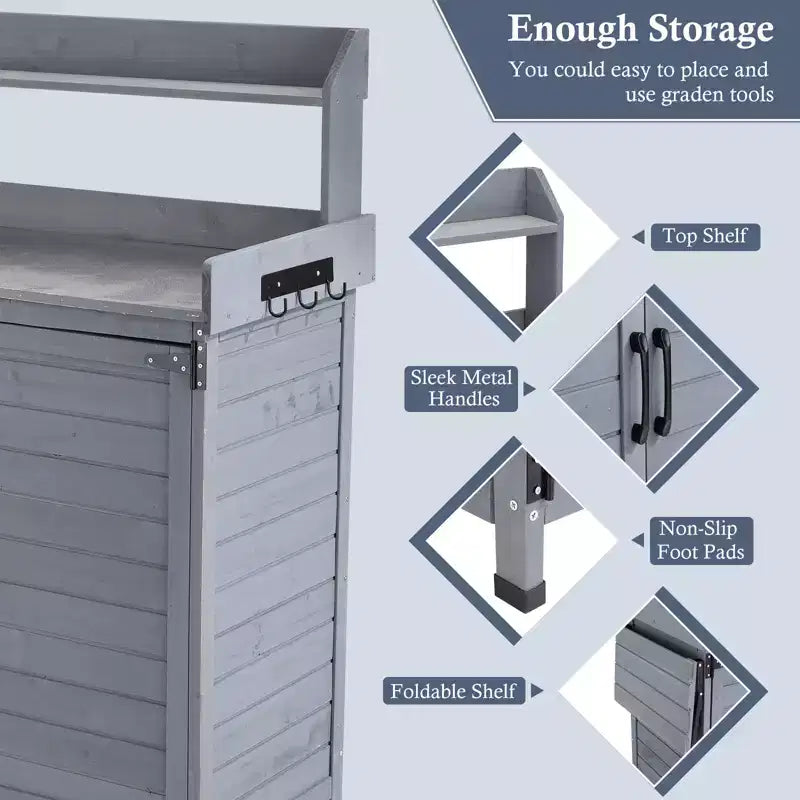 Établi de rempotage extérieur avec étagère pliable, armoire de rangement et plan de travail durable en métal galvanisé pour jardin, terrasse ou arrière-cour