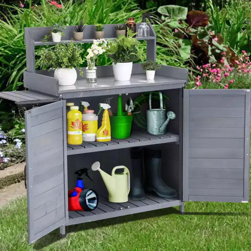 Établi de rempotage extérieur avec étagère pliable, armoire de rangement et plan de travail durable en métal galvanisé pour jardin, terrasse ou arrière-cour