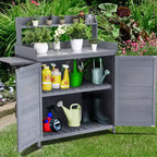 Établi de rempotage extérieur avec étagère pliable, armoire de rangement et plan de travail durable en métal galvanisé pour jardin, terrasse ou arrière-cour