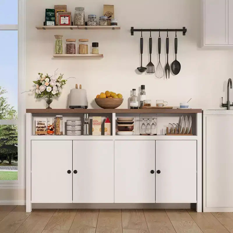 Buffet de salle à manger 55, buffet de bar à café moderne avec étagères réglables et 4 portes, console en bois pour cuisine et salon