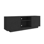 JVNOXK Medieval-inspired modern TV stand with two open shelves. Features patterned doors and clean lines. Suitable for TVs up to 70 inches. Black