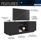 JVNOXK Medieval-inspired modern TV stand with two open shelves. Features patterned doors and clean lines. Suitable for TVs up to 70 inches. Black