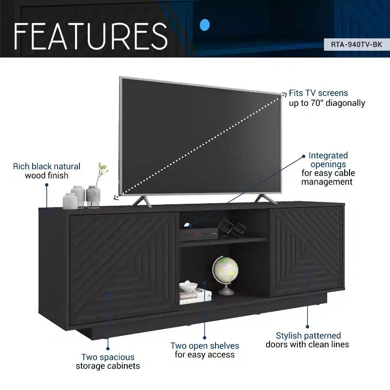JVNOXK Medieval-inspired modern TV stand with two open shelves. Features patterned doors and clean lines. Suitable for TVs up to 70 inches. Black