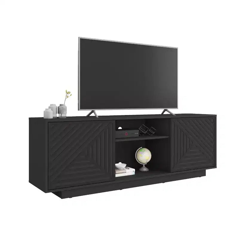 JVNOXK Medieval-inspired modern TV stand with two open shelves. Features patterned doors and clean lines. Suitable for TVs up to 70 inches. Black