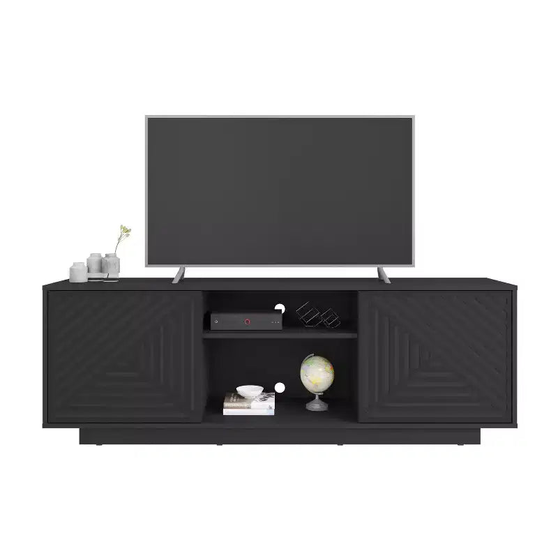 JVNOXK Medieval-inspired modern TV stand with two open shelves. Features patterned doors and clean lines. Suitable for TVs up to 70 inches. Black