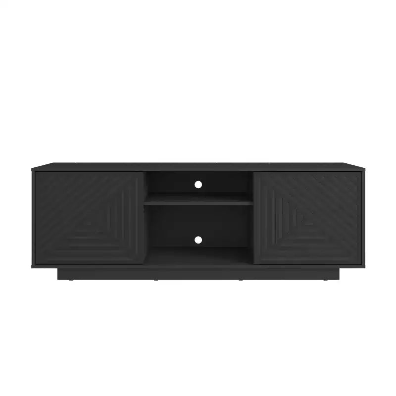 JVNOXK Medieval-inspired modern TV stand with two open shelves. Features patterned doors and clean lines. Suitable for TVs up to 70 inches. Black