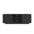 JVNOXK Medieval-inspired modern TV stand with two open shelves. Features patterned doors and clean lines. Suitable for TVs up to 70 inches. Black