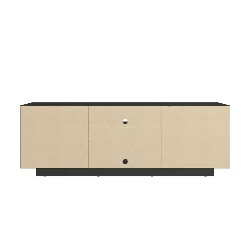 JVNOXK Medieval-inspired modern TV stand with two open shelves. Features patterned doors and clean lines. Suitable for TVs up to 70 inches. Black
