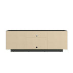 JVNOXK Medieval-inspired modern TV stand with two open shelves. Features patterned doors and clean lines. Suitable for TVs up to 70 inches. Black