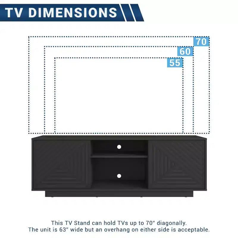 JVNOXK Medieval-inspired modern TV stand with two open shelves. Features patterned doors and clean lines. Suitable for TVs up to 70 inches. Black