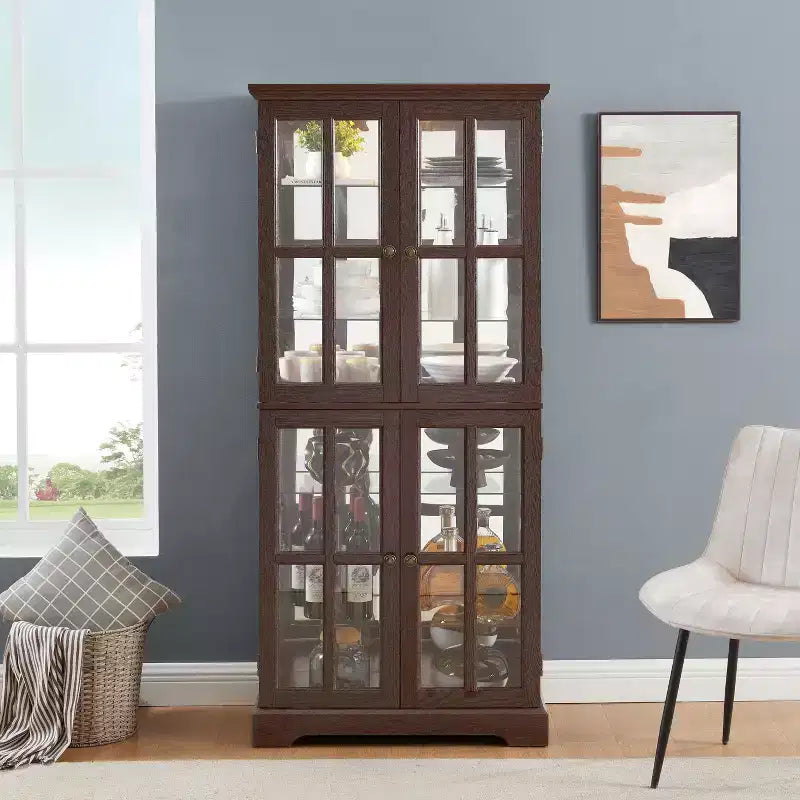 Antique Glass Display Cabinet with Grid Doors, Adjustable Shelves, and Integrated Lighting for Collectibles