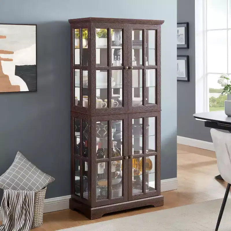 Antique Glass Display Cabinet with Grid Doors, Adjustable Shelves, and Integrated Lighting for Collectibles