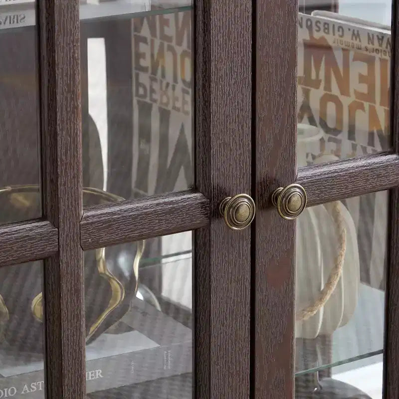 Antique Glass Display Cabinet with Grid Doors, Adjustable Shelves, and Integrated Lighting for Collectibles