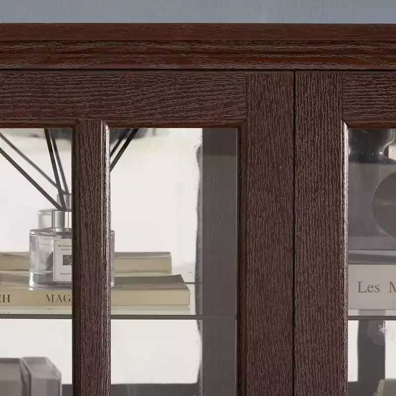 Antique Glass Display Cabinet with Grid Doors, Adjustable Shelves, and Integrated Lighting for Collectibles
