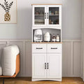 JVNOXK 23-inch Wooden Kitchen Cabinet, Pantry Microwave Cabinet with Glass Doors and Drawers, Featuring Adjustable Shelves, White