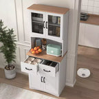JVNOXK Meuble de cuisine en bois de 58,4 cm, Meuble de rangement pour micro-ondes avec portes vitrées et tiroirs, avec étagères réglables, Blanc
