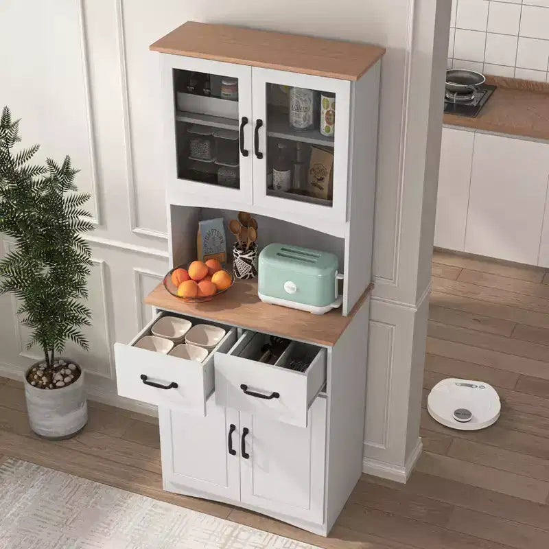 JVNOXK Meuble de cuisine en bois de 58,4 cm, Meuble de rangement pour micro-ondes avec portes vitrées et tiroirs, avec étagères réglables, Blanc