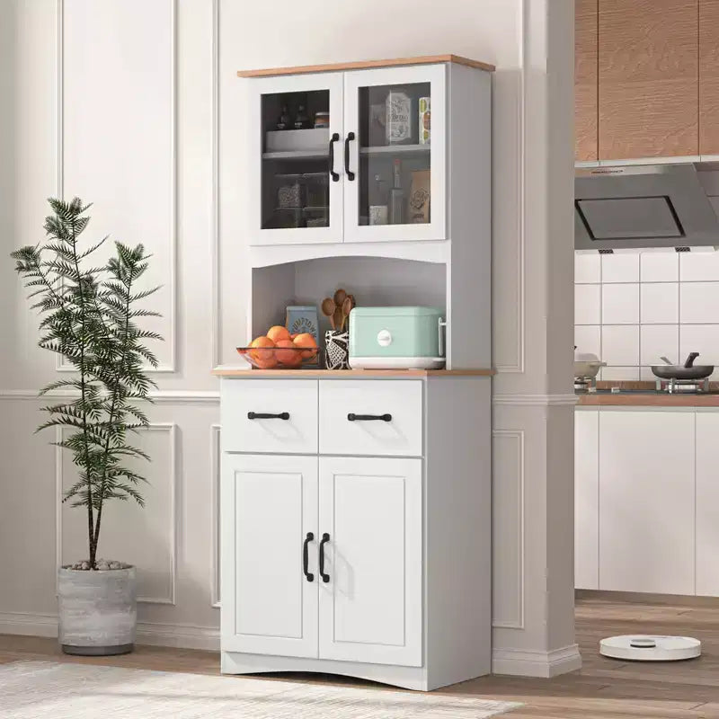 JVNOXK Meuble de cuisine en bois de 58,4 cm, Meuble de rangement pour micro-ondes avec portes vitrées et tiroirs, avec étagères réglables, Blanc