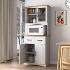 JVNOXK Meuble de cuisine en bois de 58,4 cm, Meuble de rangement pour micro-ondes avec portes vitrées et tiroirs, avec étagères réglables, Blanc