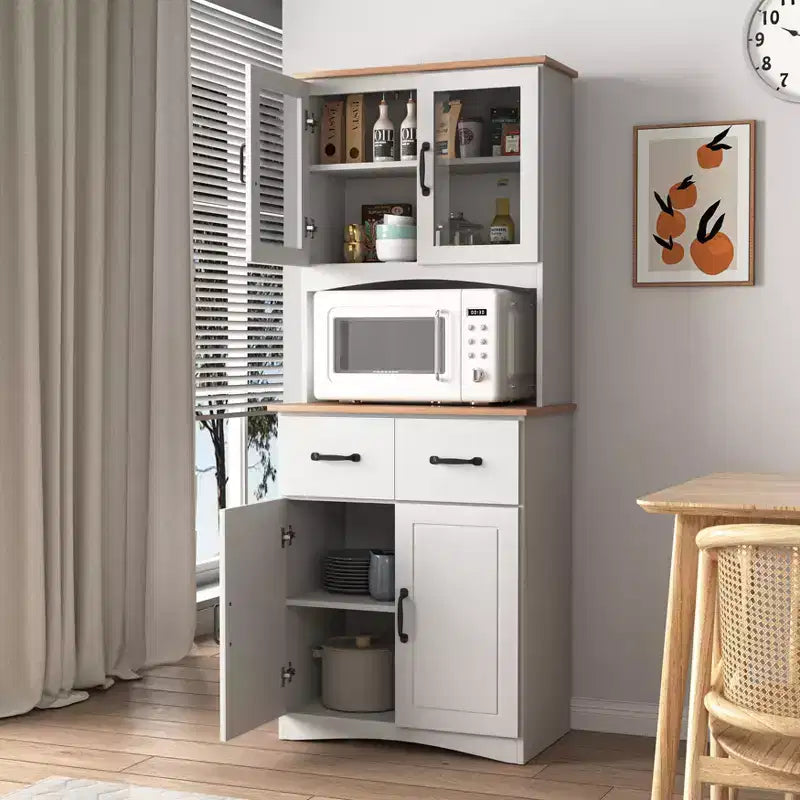 JVNOXK Meuble de cuisine en bois de 58,4 cm, Meuble de rangement pour micro-ondes avec portes vitrées et tiroirs, avec étagères réglables, Blanc