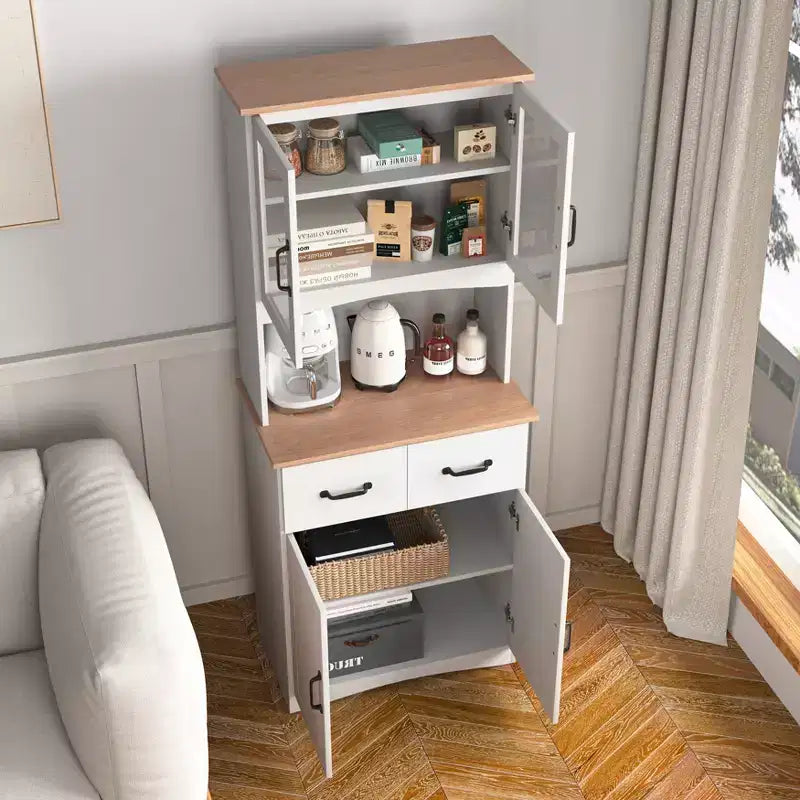 JVNOXK Meuble de cuisine en bois de 58,4 cm, Meuble de rangement pour micro-ondes avec portes vitrées et tiroirs, avec étagères réglables, Blanc