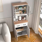 JVNOXK Meuble de cuisine en bois de 58,4 cm, Meuble de rangement pour micro-ondes avec portes vitrées et tiroirs, avec étagères réglables, Blanc