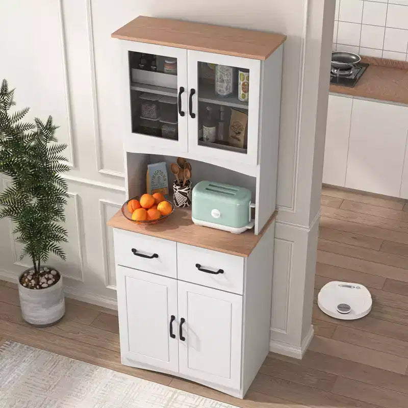JVNOXK Meuble de cuisine en bois de 58,4 cm, Meuble de rangement pour micro-ondes avec portes vitrées et tiroirs, avec étagères réglables, Blanc