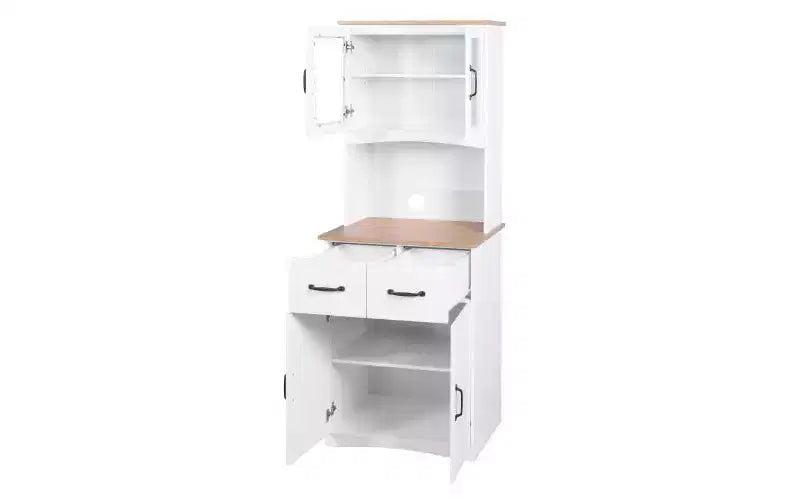 JVNOXK Meuble de cuisine en bois de 58,4 cm, Meuble de rangement pour micro-ondes avec portes vitrées et tiroirs, avec étagères réglables, Blanc