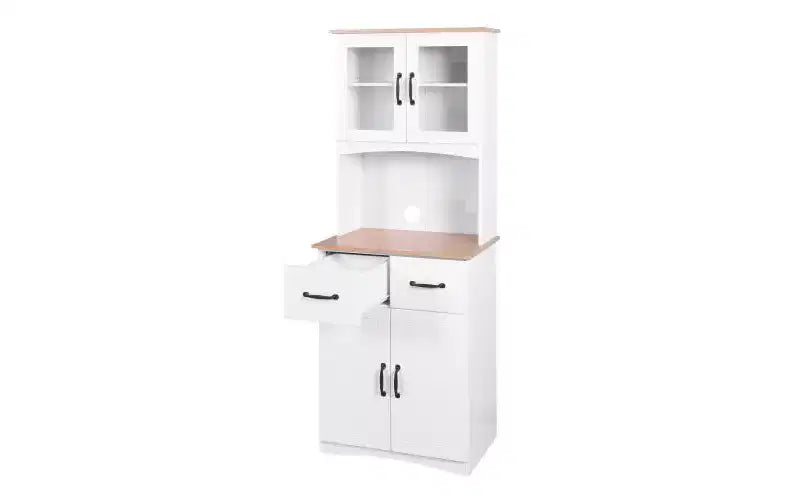 JVNOXK Meuble de cuisine en bois de 58,4 cm, Meuble de rangement pour micro-ondes avec portes vitrées et tiroirs, avec étagères réglables, Blanc