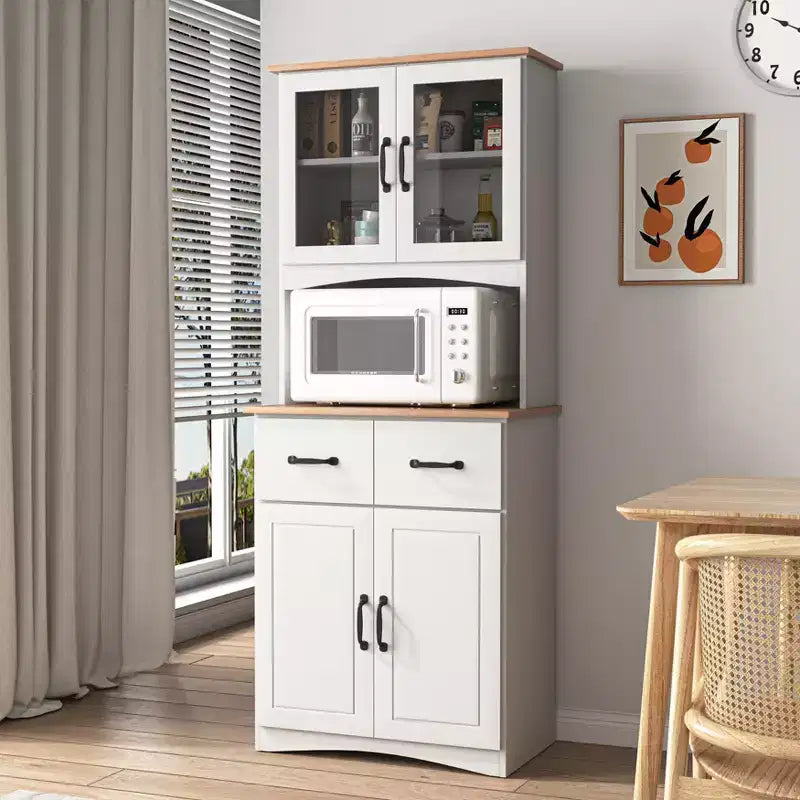 JVNOXK Meuble de cuisine en bois de 58,4 cm, Meuble de rangement pour micro-ondes avec portes vitrées et tiroirs, avec étagères réglables, Blanc