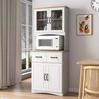 JVNOXK Meuble de cuisine en bois de 58,4 cm, Meuble de rangement pour micro-ondes avec portes vitrées et tiroirs, avec étagères réglables, Blanc