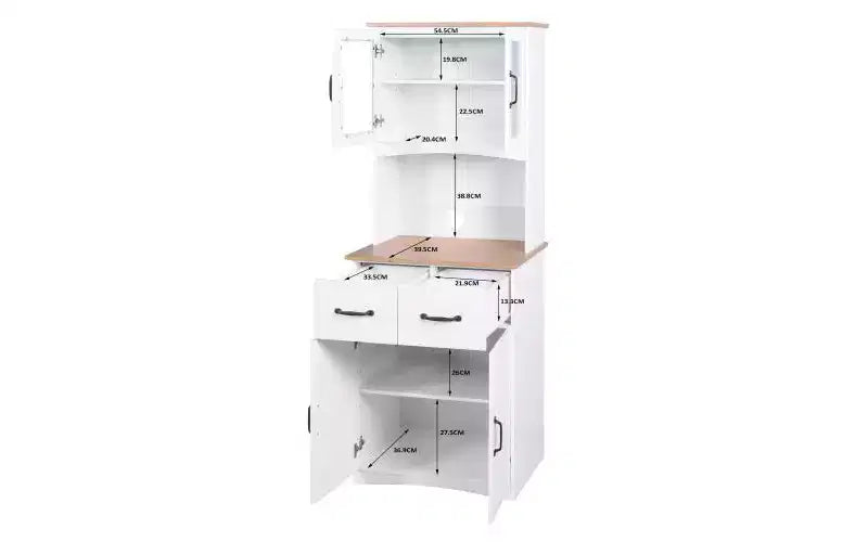 JVNOXK Meuble de cuisine en bois de 58,4 cm, Meuble de rangement pour micro-ondes avec portes vitrées et tiroirs, avec étagères réglables, Blanc
