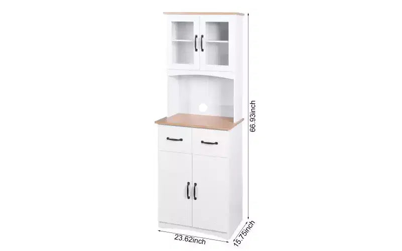 JVNOXK Meuble de cuisine en bois de 58,4 cm, Meuble de rangement pour micro-ondes avec portes vitrées et tiroirs, avec étagères réglables, Blanc