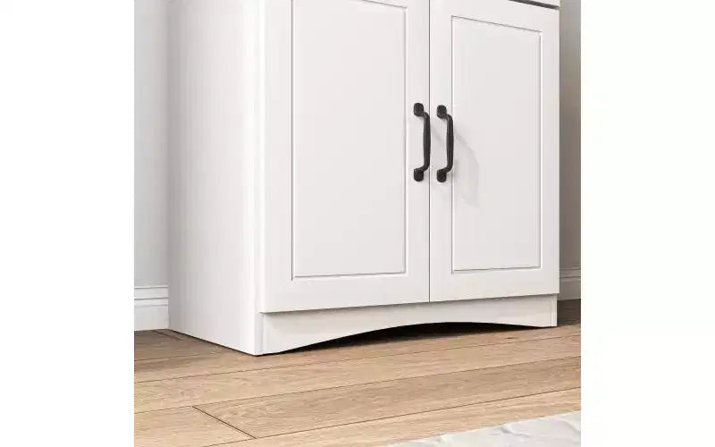 JVNOXK Meuble de cuisine en bois de 58,4 cm, Meuble de rangement pour micro-ondes avec portes vitrées et tiroirs, avec étagères réglables, Blanc