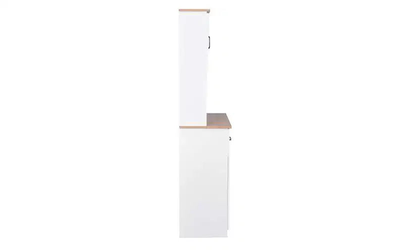 JVNOXK Meuble de cuisine en bois de 58,4 cm, Meuble de rangement pour micro-ondes avec portes vitrées et tiroirs, avec étagères réglables, Blanc