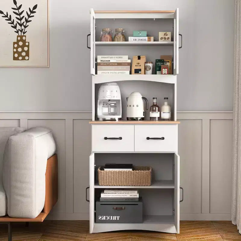 JVNOXK Meuble de cuisine en bois de 58,4 cm, Meuble de rangement pour micro-ondes avec portes vitrées et tiroirs, avec étagères réglables, Blanc