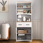 JVNOXK Meuble de cuisine en bois de 58,4 cm, Meuble de rangement pour micro-ondes avec portes vitrées et tiroirs, avec étagères réglables, Blanc