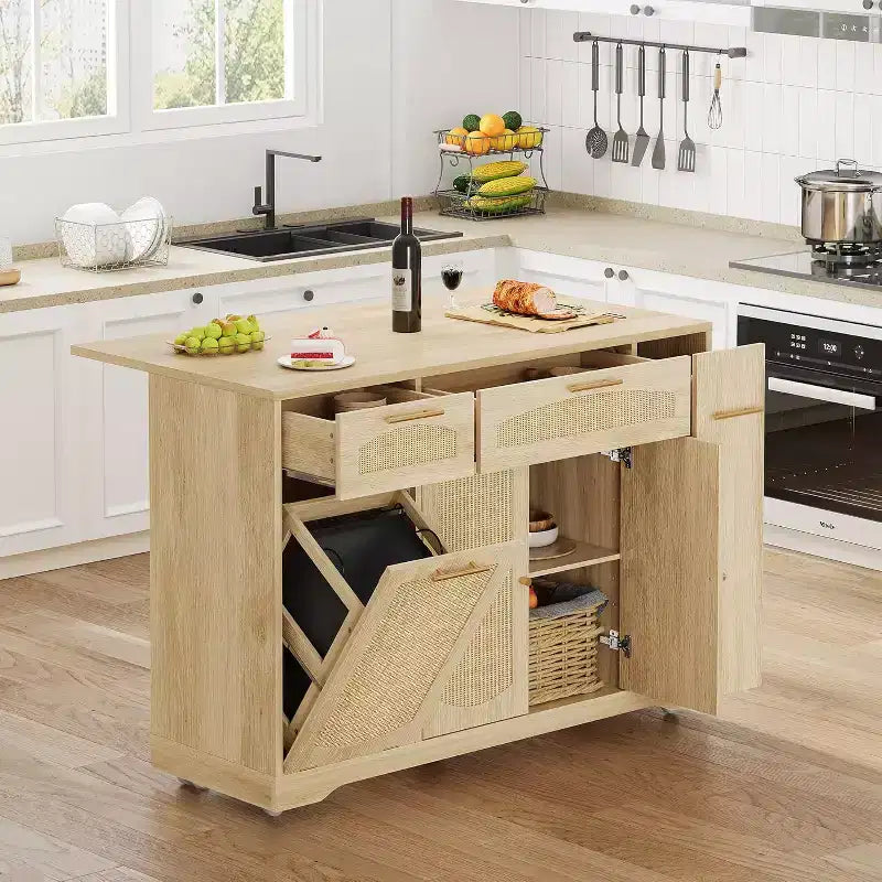 53 Rolling Kitchen Island with Rattan Doors & Drop-Leaf Breakfast Bar, Storage Cabinet with Hidden Trash Bin