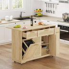 53 Rolling Kitchen Island with Rattan Doors & Drop-Leaf Breakfast Bar, Storage Cabinet with Hidden Trash Bin